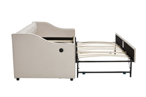 English Elm Twin Velvet Daybed with Pull Out Trundle Tufted Back Usb Port and Side Pockets Beige W1361S00035