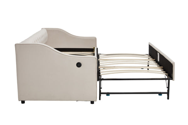 English Elm Twin Velvet Daybed with Pull Out Trundle Tufted Back Usb Port and Side Pockets Beige W1361S00035
