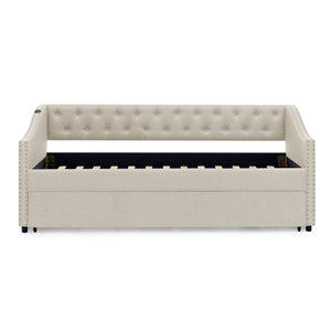 English Elm Twin Daybed with Pull Out Trundle Usb Charging Tufted Upholstered Sofa Guest Bed Beige W1413S00156