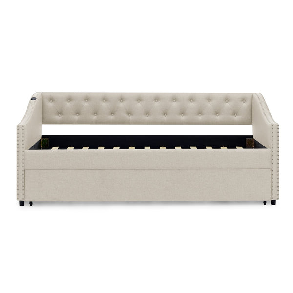 English Elm Twin Daybed with Pull Out Trundle Usb Charging Tufted Upholstered Sofa Guest Bed Beige W1413S00156