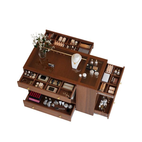 English Elm Closet Elegant walk-in island with glass display top, 6 drawers and open shelves for organized storage Walnut 39.76 L x 17.32 W x 12.2 H N733S304513D