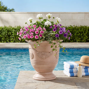 English Elm Mgo Handcrafted Urn Planter Classical Garden Accent Weathered Fiberglass Composite Outdoor Beige N772P411998B