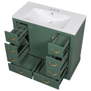 English Elm 36" Modern Bathroom Vanity with Ceramic Sink, Six Drawers, Adjustable Shelf, Solid Wood Build Green SY999808AAF-6