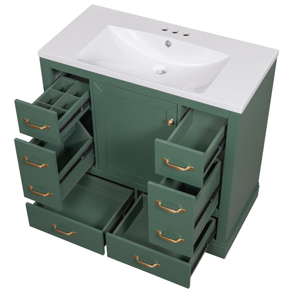 English Elm 36" Modern Bathroom Vanity with Ceramic Sink, Six Drawers, Adjustable Shelf, Solid Wood Build Green SY999808AAF-6