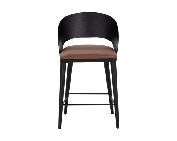 Sunpan Dezirae Barstool - Stylish Curved Back Design with Genuine Leather Seat and Unique Craftsmanship Black / Cognac Leather