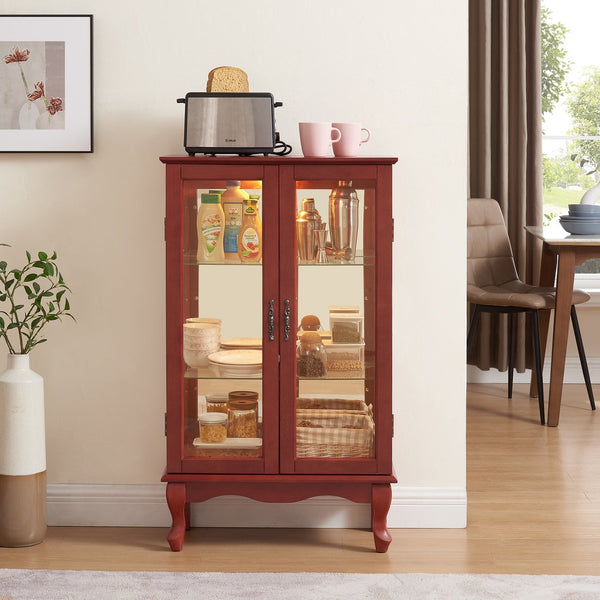 English Elm 2 Doors Curio Cabinet With Adjustable Shelves, Lighted Display & Mirrored Back For Home Or Office W2275P177196
