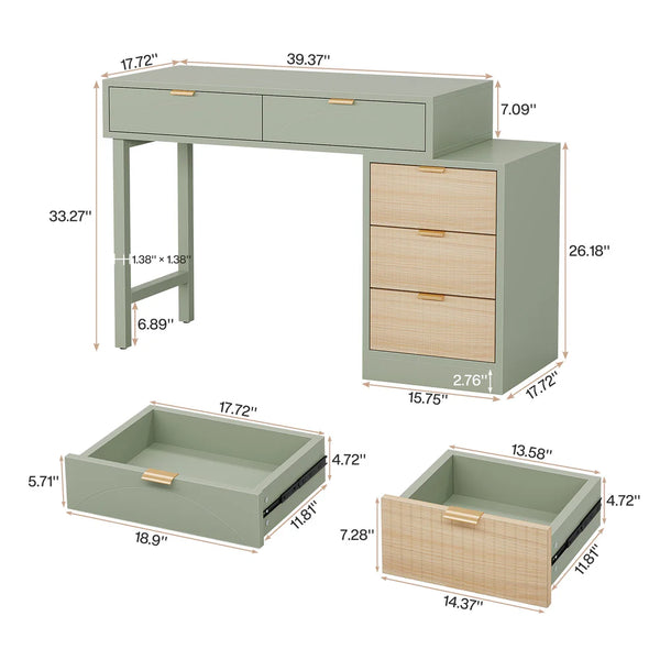 English Elm Writing Desk with Five Drawers Reversible Cabinet Home Office Vanity Workstation T3971P453710