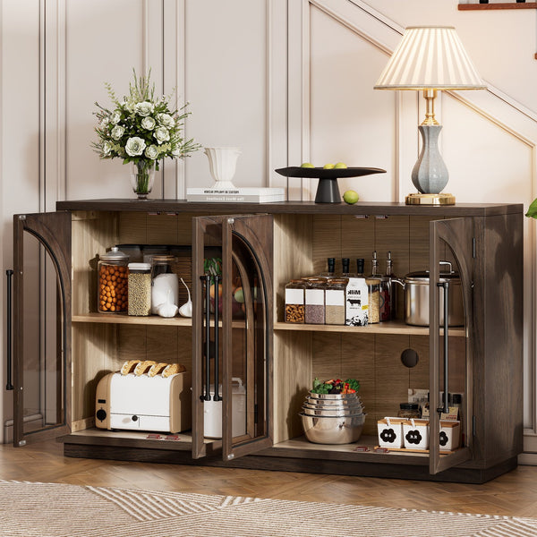 English Elm Trexm Arched Glass Door Buffet Sideboard Oak Veneer Storage Cabinet for Dining Room Espresso XW000021AAP-2026