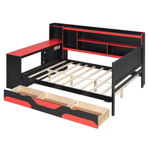 English Elm Full Size Gaming Bed Frame with Desk Led Lights Storage Drawers and Charging Station Black+Red LP000289AAJ
