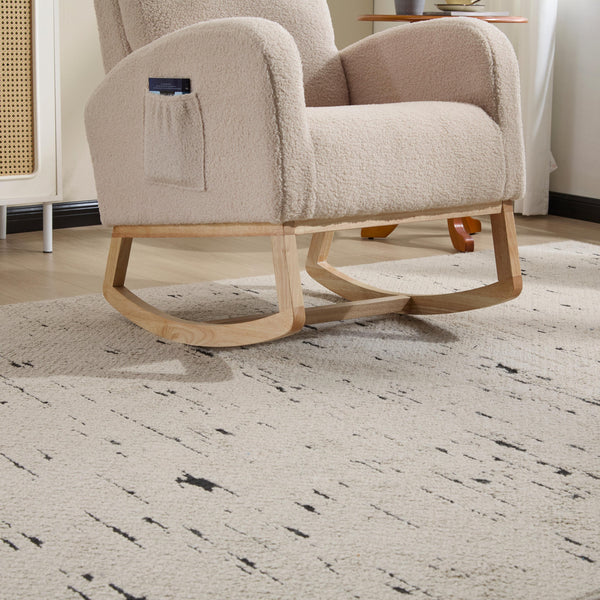 English Elm Modern Upholstered Glider Rocker with Teddy Fabric High Back and Rubberwood Base Beige W3723P409073