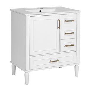 English Elm 30" Elegant Bathroom Vanity with Ceramic Sink, Soft-Close Door & 3 Drawers, Gold Handles, Durable Finish White N729P184479K