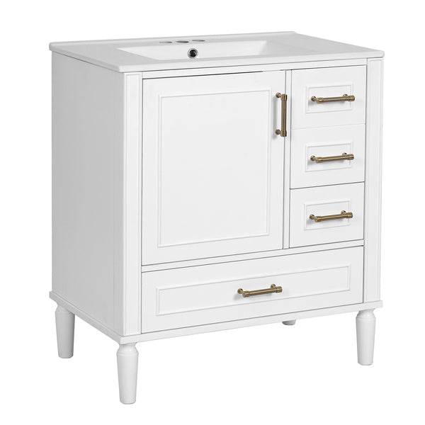English Elm 30" Elegant Bathroom Vanity with Ceramic Sink, Soft-Close Door & 3 Drawers, Gold Handles, Durable Finish White N729P184479K