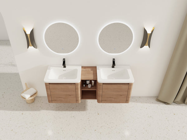 English Elm 60'' Wall-Mounted Vanity with White Ceramic Sink, Plywood Shelves, Soft-Close Door, Scratch & Water-Resistant Finish W999S00381