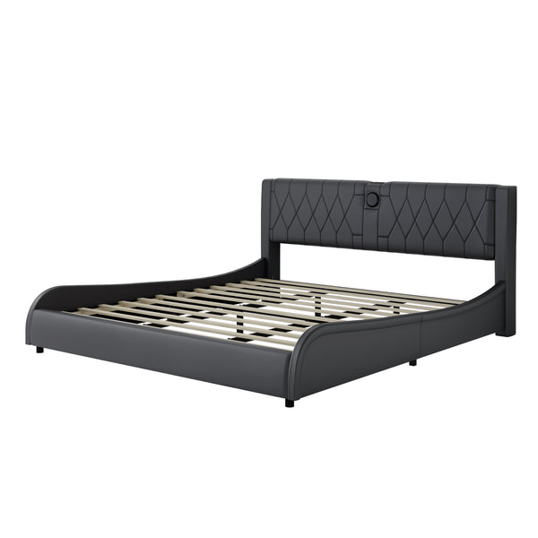 English Elm King Luxurious Faux Leather Upholstered Platform Bed with Storage Headboard, Bluetooth Speakers & RGB Lights Black 78.35 L x 19.69 W x 12.99 H N701P241048B