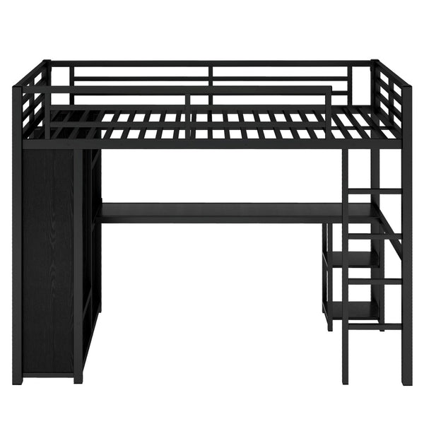 English Elm Twin Xl Loft Bed Frame With Desk & Wardrobe, Space-Saving Metal Design With Storage Shelves, Black W1580S00119-GIGA