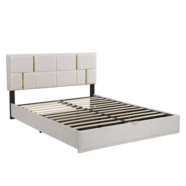 English Elm 2-Pieces Queen Upholstered Platform Bed with Hydraulic Lift and Spacious Storage Ottoman, Elegant Gold Trim Beige 50 L x 16 W x 13 H N733S207778A