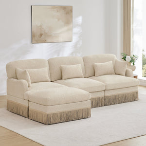 English Elm 100"comfy Chenille Leopard Print Sectional Sofa with Tassel Trim and Movable Ottoman Beige W5656S00005