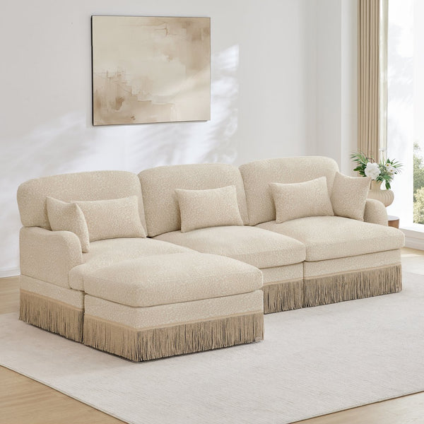 English Elm 100"comfy Chenille Leopard Print Sectional Sofa with Tassel Trim and Movable Ottoman Beige W5656S00005