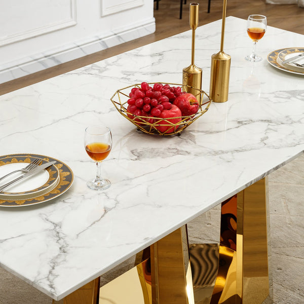 English Elm Marble Dining Table For 6-8, 70'' Rectangle Faux Marble Design With Elegant Gold Stainless Steel Base W3456S00011