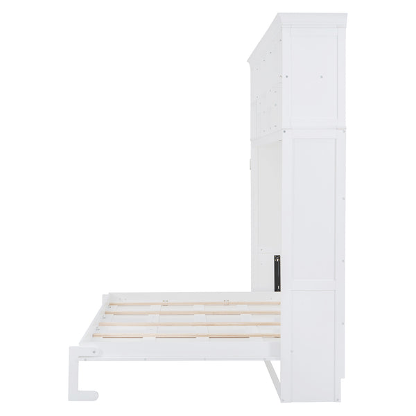 English Elm Queen Murphy Wall Bed Cabinet with Integrated Shelves Usb Charging Space Saving Design White LP006668AAK-1