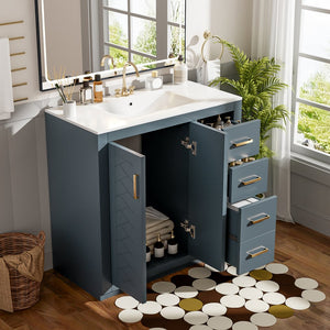 English Elm 36'' Bathroom Vanity with Ceramic Sink Combo Solid Wood Frame Soft-Closing Drawers Ample Storage Elegance Blue N710P243327C