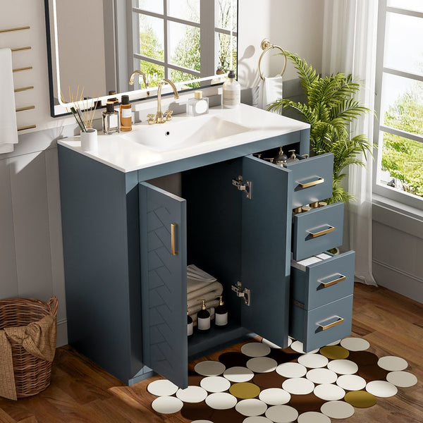 English Elm 36'' Bathroom Vanity with Ceramic Sink Combo Solid Wood Frame Soft-Closing Drawers Ample Storage Elegance Blue N710P243327C