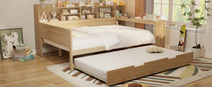 English Elm Wooden Twin Daybed with Trundle Built-in Desk and Open Shelves for Kids Rooms Natural N733S373391M