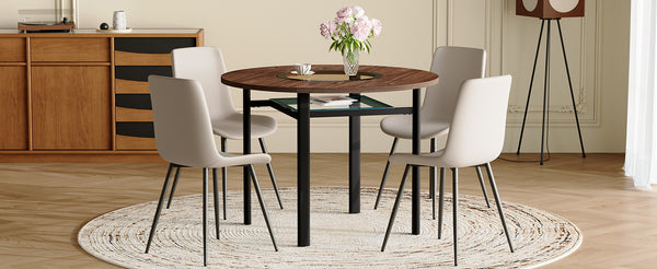 English Elm Table and Chair Set 42 Inch Round Wood Grain Dining with 4 Linen Cushioned Seats Brown+Black,Light Gray W1151S04483