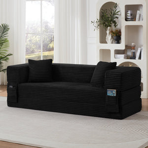 English Elm Modern Cord Fabric Convertible Sofa Sleeper Low Profile Square Frame for Apartments Black W3396P439851