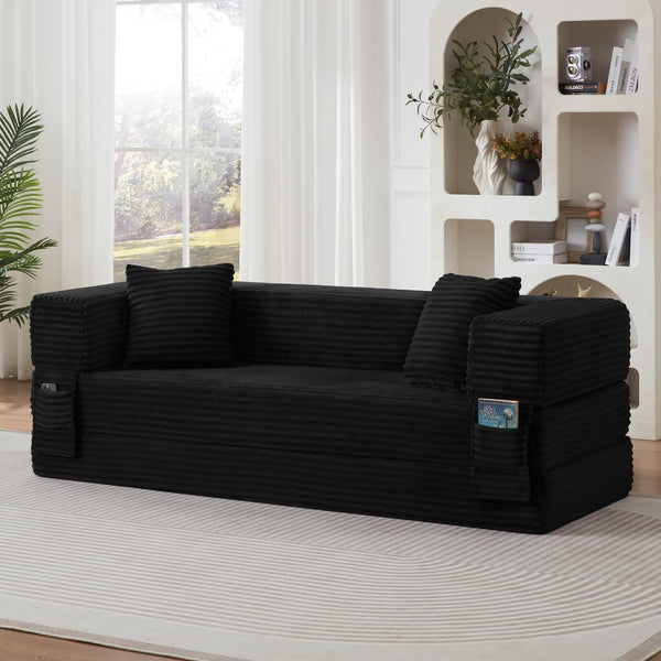 English Elm Modern Cord Fabric Convertible Sofa Sleeper Low Profile Square Frame for Apartments Black W3396P439851
