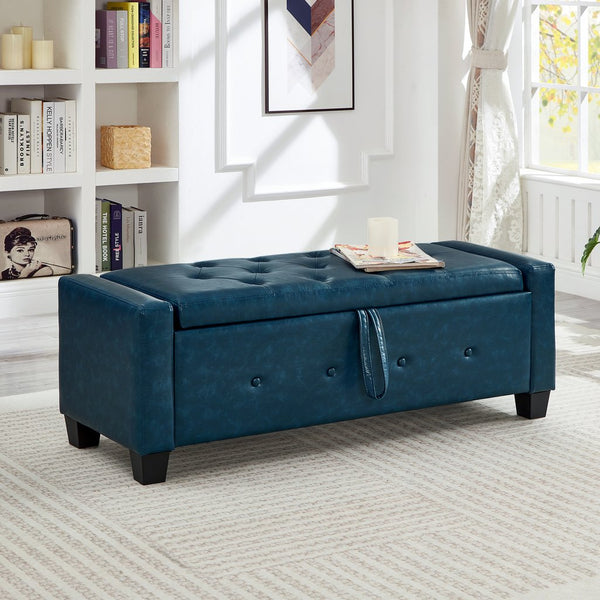 English Elm 48" Storage Ottoman Bench with Tufted Faux Leather Upholstery, Solid Wood Frame & 300lb Capacity Blue W1097P338780