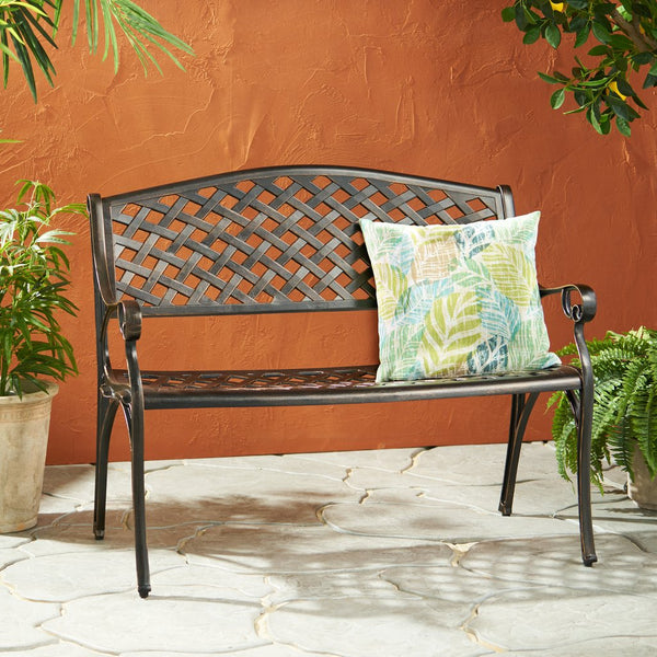 English Elm Spencer Cast Aluminum Outdoor Bench Antique Copper Finish Scrolled Arms Garden Patio 50327.00LVS
