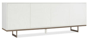Hooker Furniture Melange Pristine White Four-Door Credenza With Raised Floral Motif, Gold Base, Touch-Latch Power Management 628-85631-02