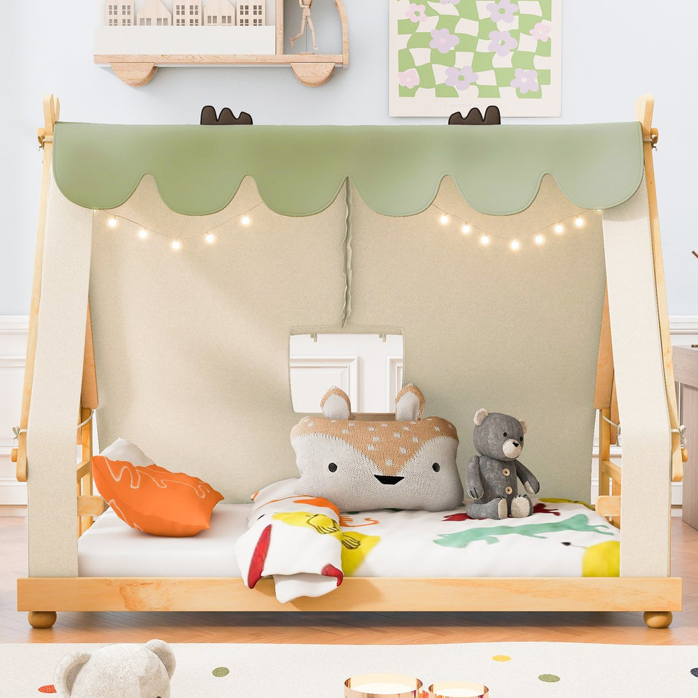 English Elm Twin Cabin Bed with Detachable Tent Skylight and Woodland Deer Antler Accents White N708P356716K