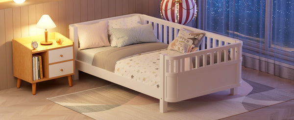 English Elm Twin Low Profile Pine Wood Kids Bed with Safety Rails and Fence Style Headboard W2593P367041