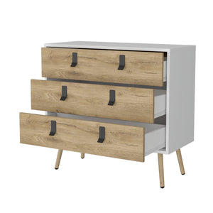 English Elm Kimball 3-Drawer Dresser White Macadamia – Midcentury Modern Storage, Smooth Glide Drawers, Wooden Legs B128P176105
