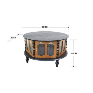English Elm 31.5-inch Round Carved Wood Coffee Table Vintage Distressed Finish Living Room Accent W3935P406106