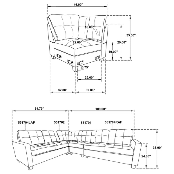 English Elm Creston Three Piece Fabric Sectional Sofa with Tufted Back and Track Arms Steel Gray B062S01530