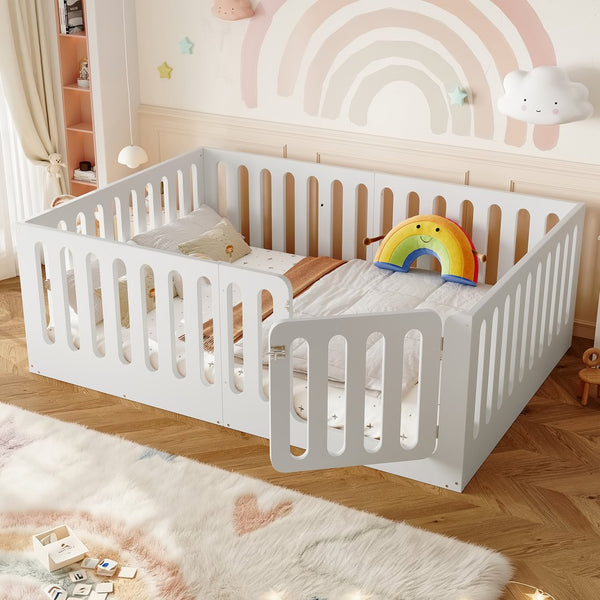 English Elm Twin Solid Pine Montessori Floor Bed with House Frame Door and Safety Fence Light White W5305P420635