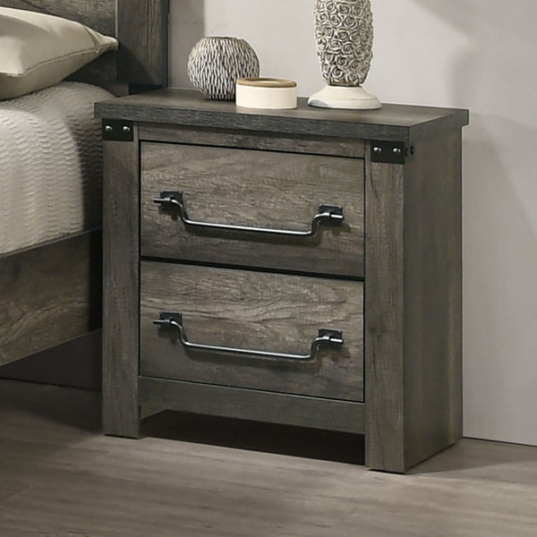 English Elm Farmhouse Rustic Gray Nightstand 23"W x15"D x25"H with Antique Brass Drop Handles & Metal Accent Trim B011P326198