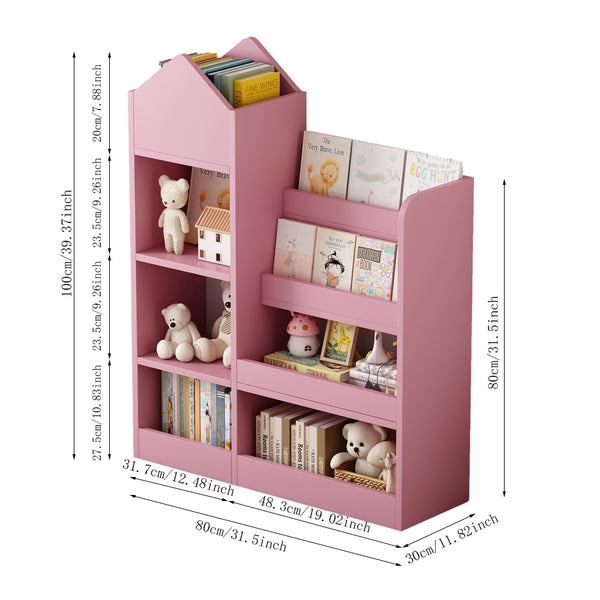 English Elm Pink Kids Wooden Bookshelf Toy Organizer with 6 Compartments, 2 Bins & Cubby Shelves - Sturdy MDF Storage for Nursery W2876P233556