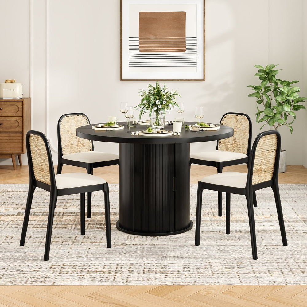 English Elm 43" Round Wood Dining Table with Geometric Metal Base Seats 4 Space Saving Modern Black T3623P433901