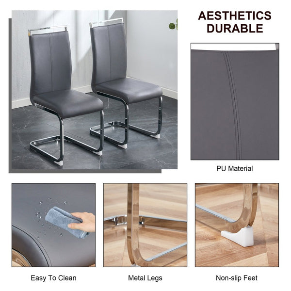 English Elm Table & 6 Dark Gray Pu Chairs Set - Modern Glass Top With Marble Pattern & Stainless Steel Legs W1151S02610-GIGA