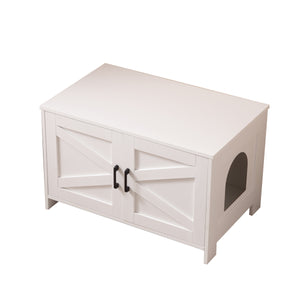 English Elm Cat Litter Box Enclosure with Barn Door Hidden Litter Box Furniture End Table Dual Cabinet Storage White W3008P235397