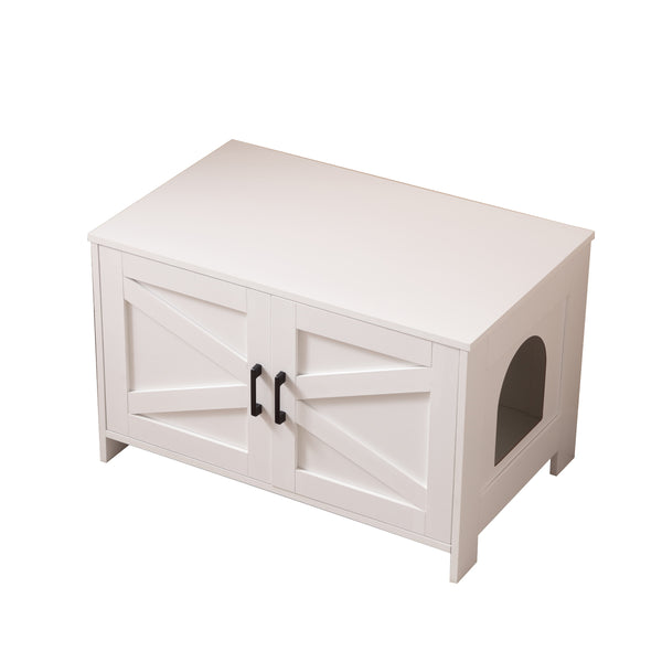 English Elm Cat Litter Box Enclosure with Barn Door Hidden Litter Box Furniture End Table Dual Cabinet Storage White W3008P235397