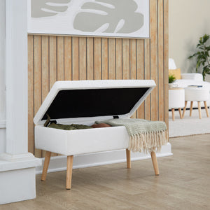 English Elm Storage Bench with Button Tufted Velvet Seat and Gold Tapered Legs for Bedroom B202P471493