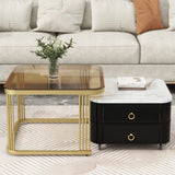 2-In-1 Square Nesting Coffee Table Set w/ Wheels, Drawers & High Gloss Marble Grain Top, Brown Tempered Glass, Black