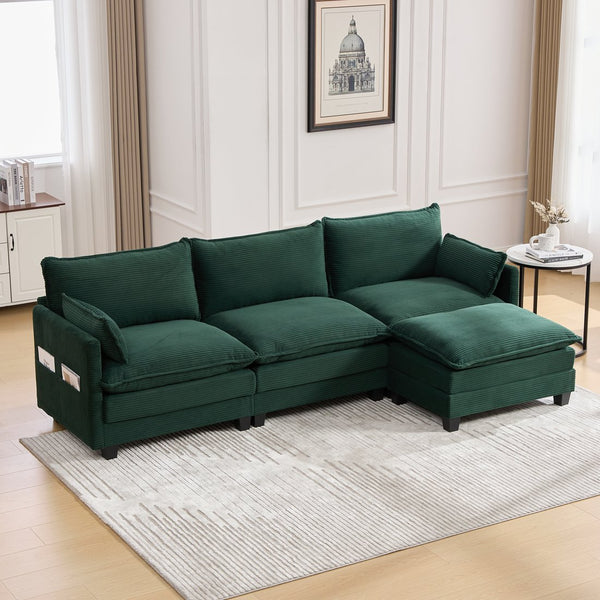 English Elm United We Win Modular Corduroy Sectional with Ottoman Low Profile Living Room Couch Emerald W1568S00257