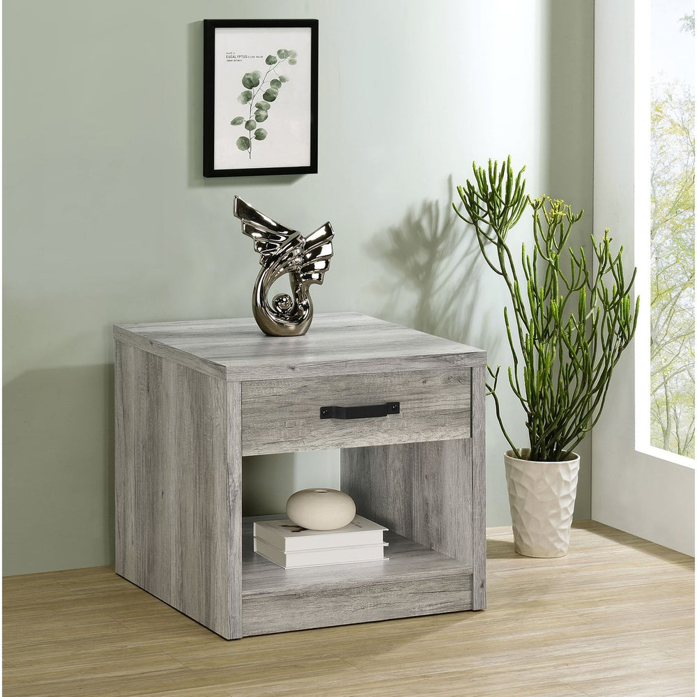 English Elm Nuberg Driftwood Gray End Table with Drawer and Open Shelf for Living Room B062P441289