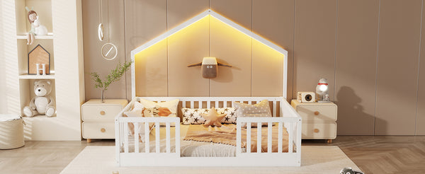English Elm Twin Montessori Floor Bed House Frame with Led Lighting and Safety Rails for Kids White W2593P440604